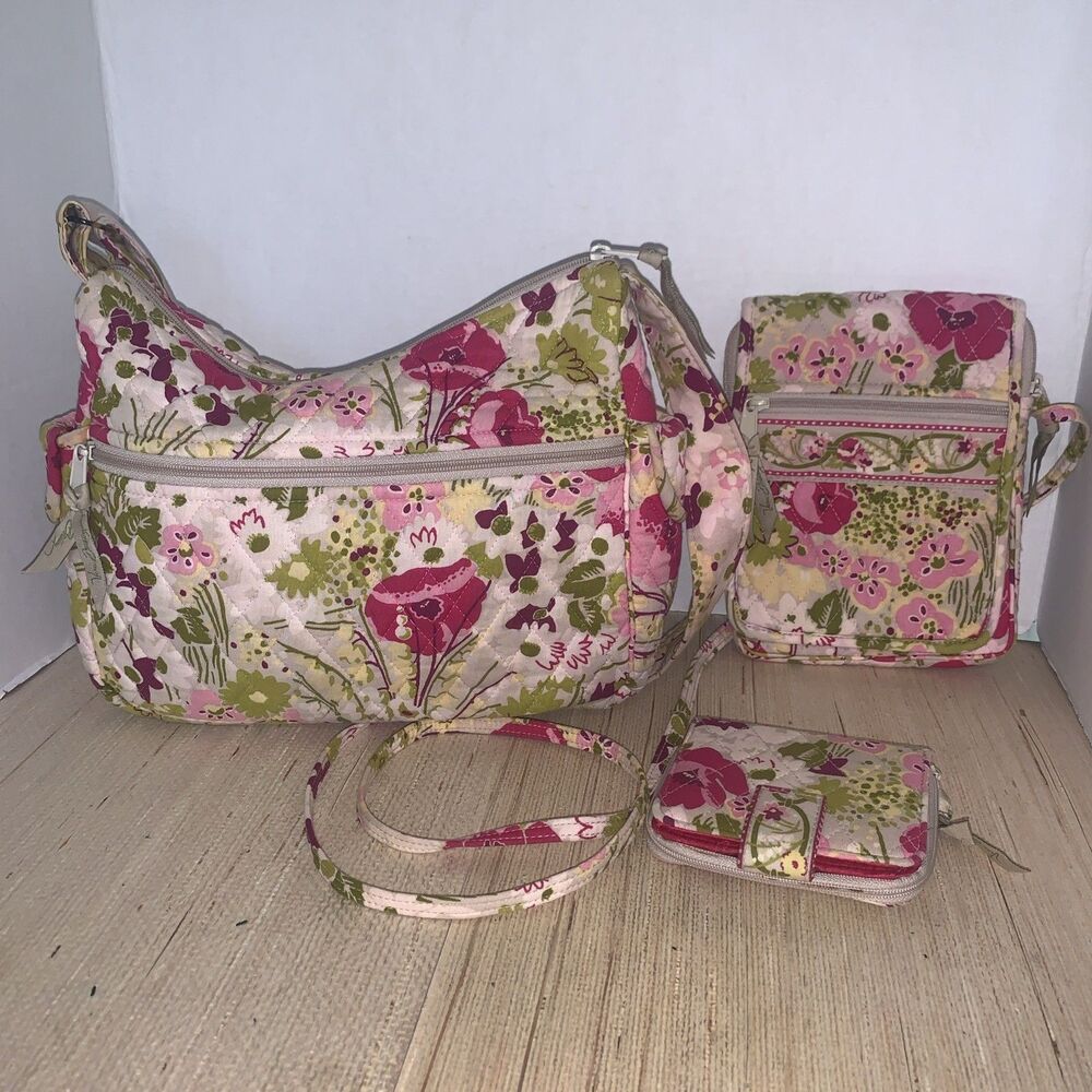 Vera Bradley Lot Of 3  Shoulder, Crossbody and Wallet Beige Pink Floral USA Made